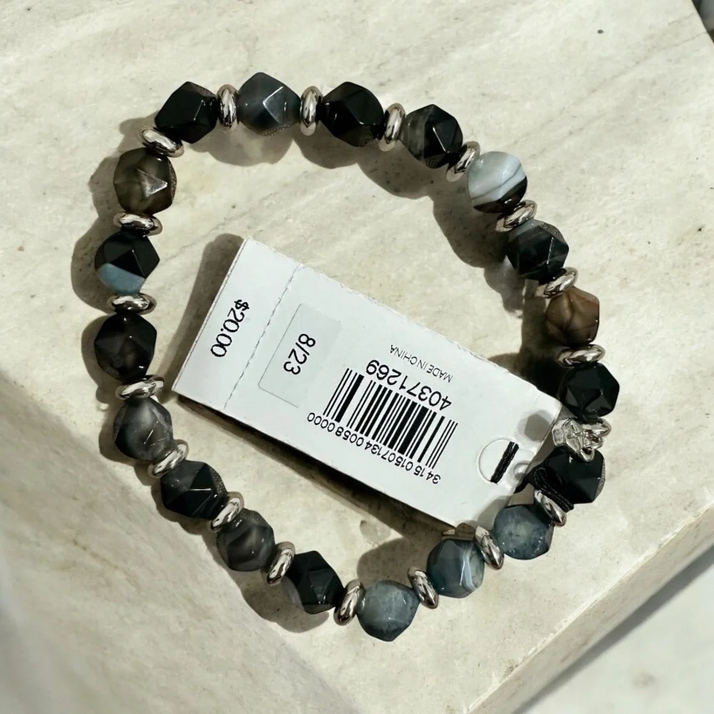 Men’s Express Genuine Stone Bracelet • Black/Gray Banded Agate • NWT - Picture 6 of 6